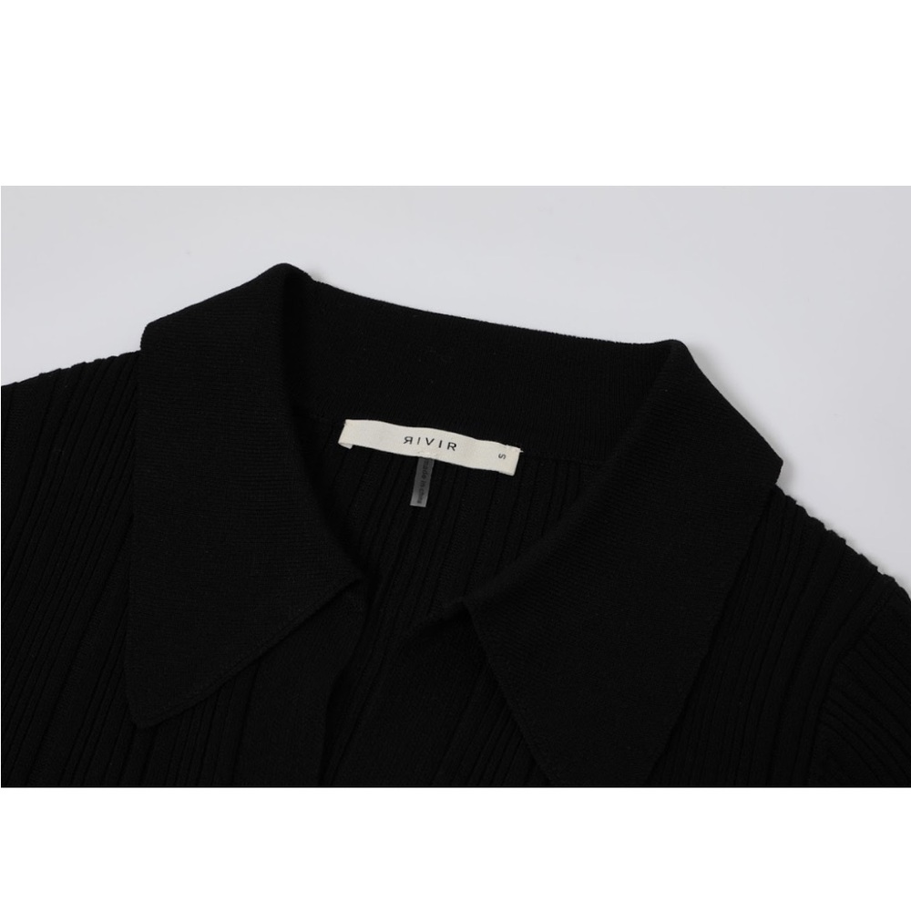 RIVIR CECILIA VARIEGATED RIB KNIT LONG SLEEVE COLLAR MIDI DRESS - Picture 8 of 8